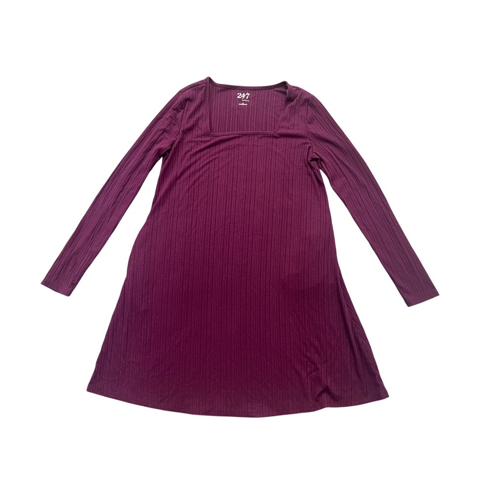Maurices 24/7 A Line Dress Womens Small Plum Purple Stretch Square Neck Ribbed